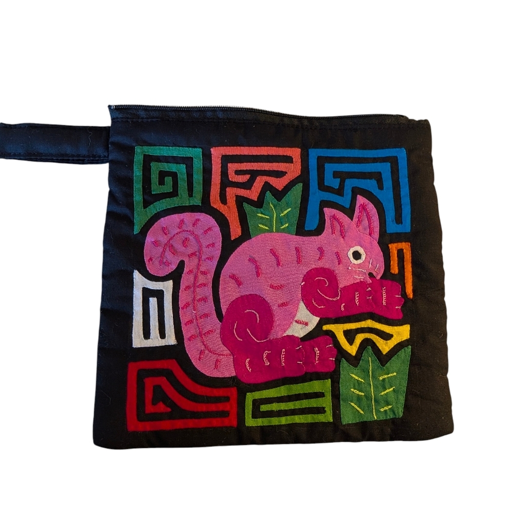 Handmade Mola Tapestry Panel Bag OOAK Squirell 8 X 8 Cosmetic Bag Colorful Boho